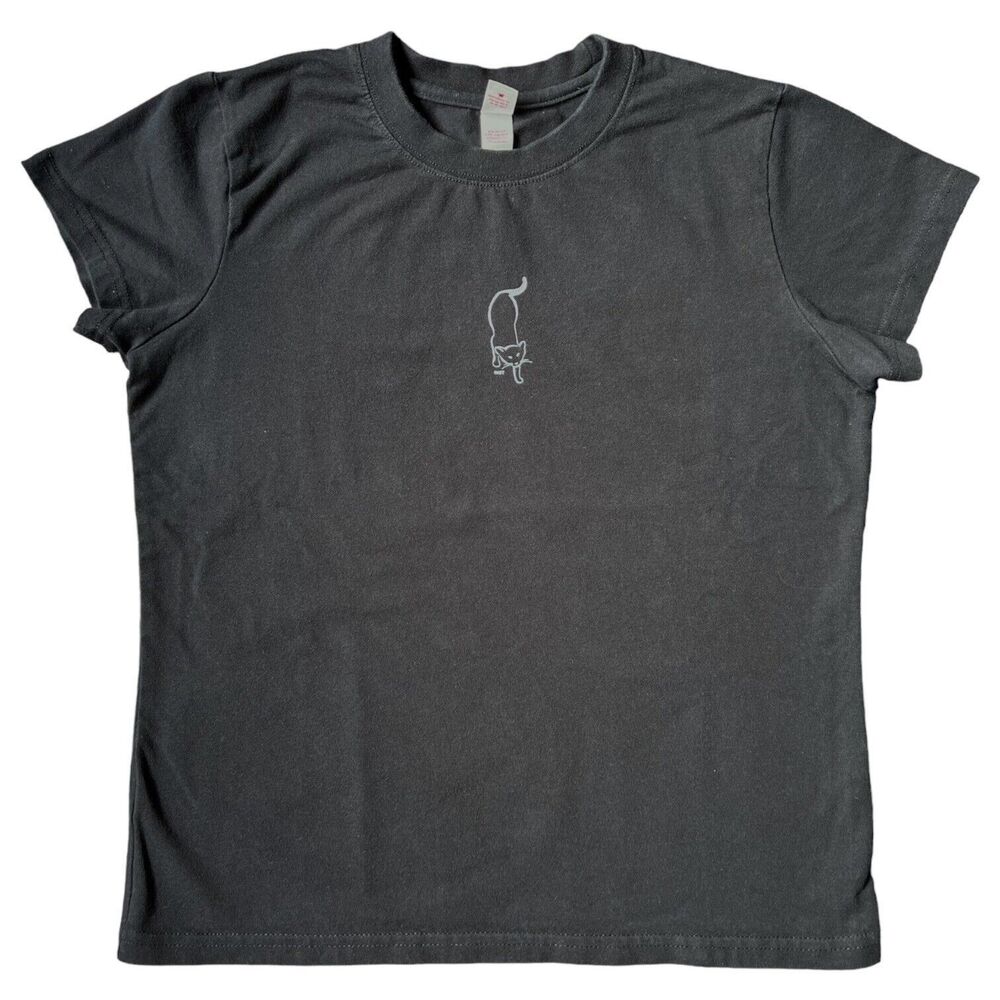 Glitter Cat on Women's Large Black T-Shirt, Crew Neck Shirt Cotton Spandex L